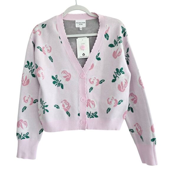 Boutique Light Pink & Green Rose Print Cardigan Sweater Size Medium - Picture 1 of 4